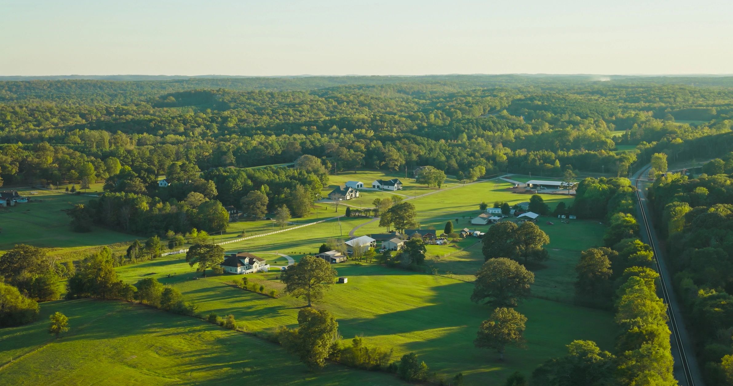 Aerial view of farmland and rural landscape